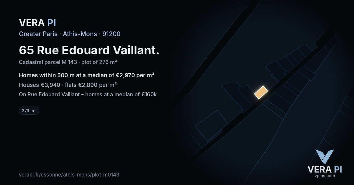 65 Rue Edouard Vaillant, Athis-Mons at night – the plot lit, the parcels around coloured by the prices near them