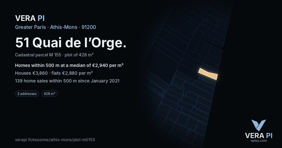 51 Quai de l’Orge, Athis-Mons at night – the plot lit, the parcels around coloured by the prices near them