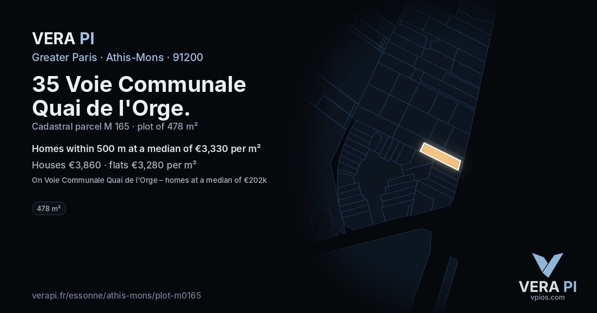 35 Voie Communale Quai de l'Orge, Athis-Mons at night – the plot lit, the parcels around coloured by the prices near them