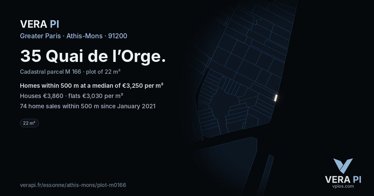 35 Quai de l’Orge, Athis-Mons at night – the plot lit, the parcels around coloured by the prices near them