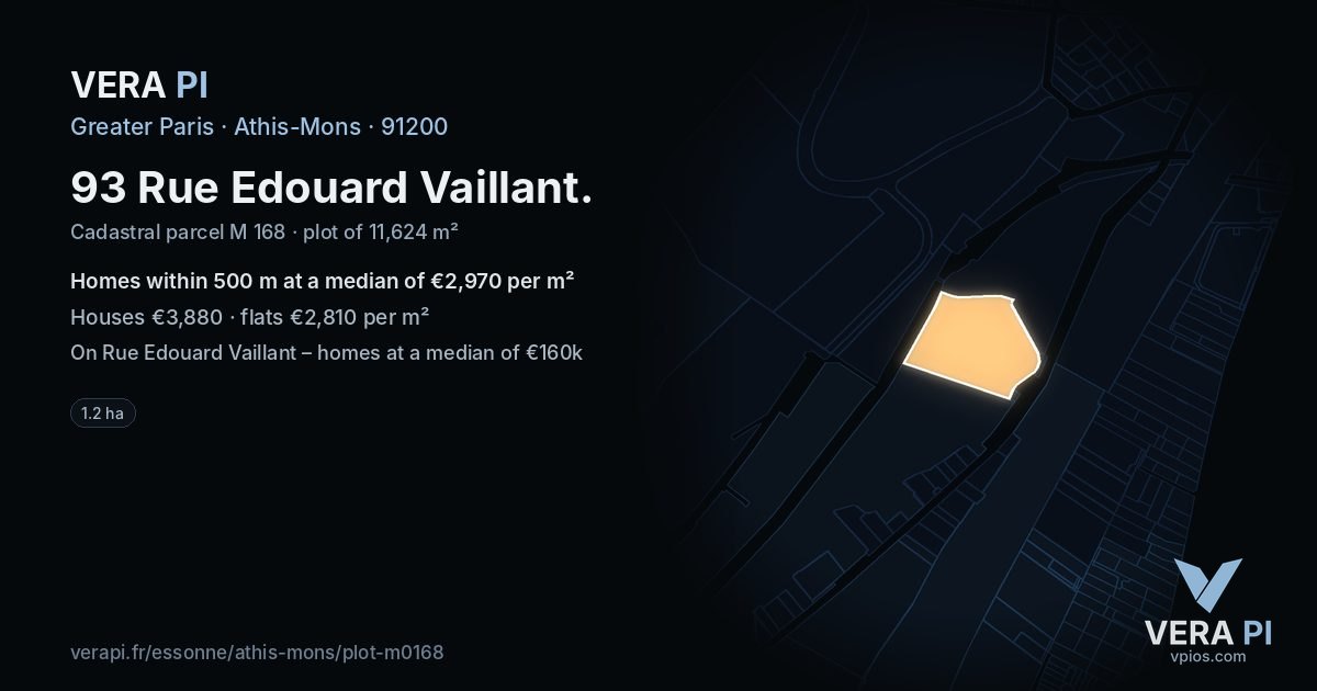 93 Rue Edouard Vaillant, Athis-Mons at night – the plot lit, the parcels around coloured by the prices near them