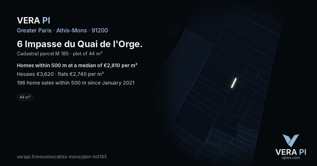 6 Impasse du Quai de l'Orge, Athis-Mons at night – the plot lit, the parcels around coloured by the prices near them