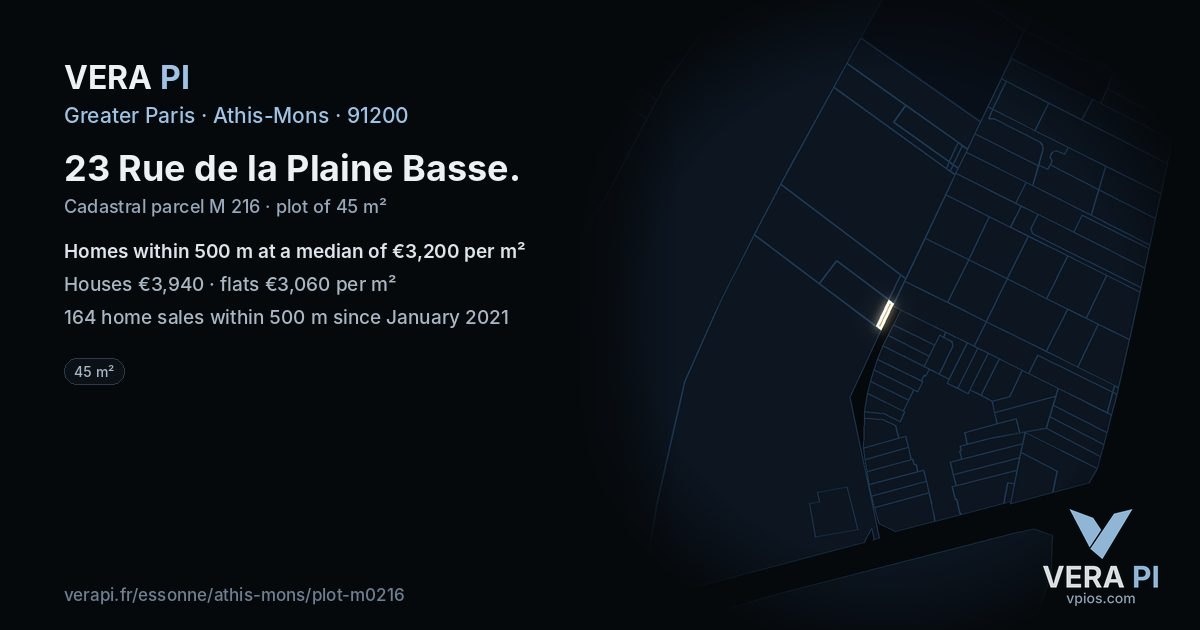 23 Rue de la Plaine Basse, Athis-Mons at night – the plot lit, the parcels around coloured by the prices near them