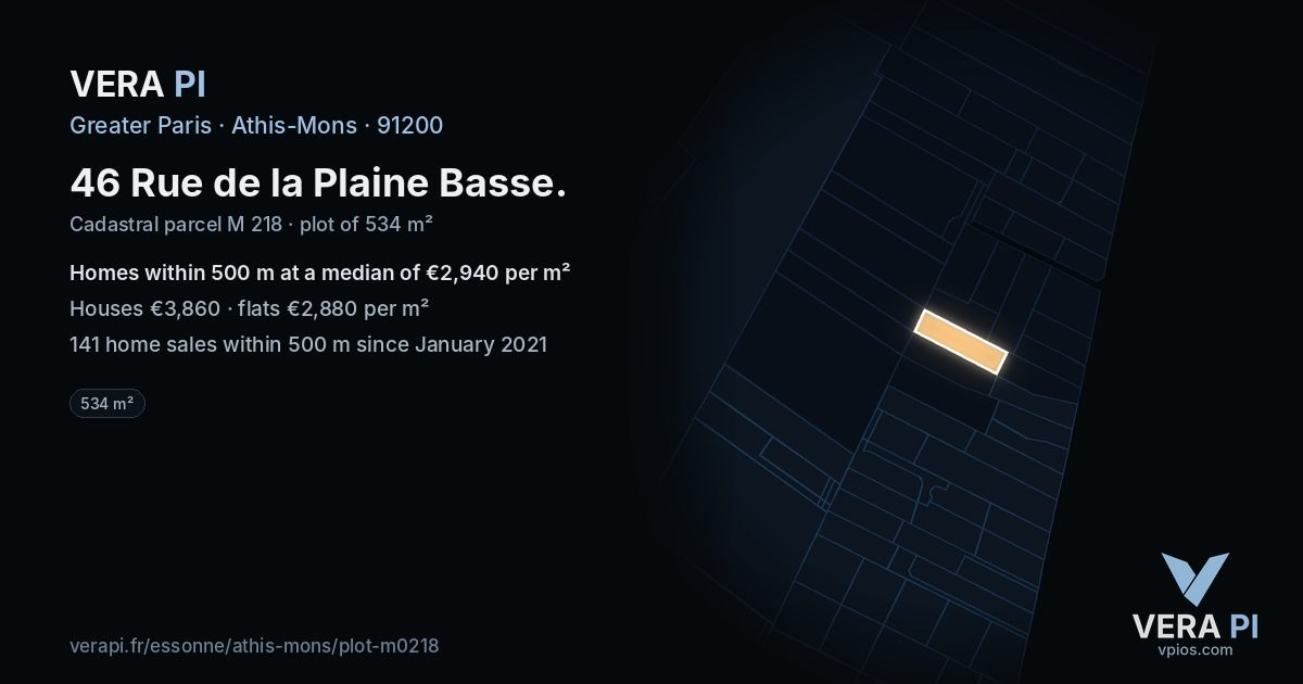 46 Rue de la Plaine Basse, Athis-Mons at night – the plot lit, the parcels around coloured by the prices near them