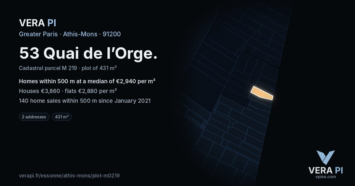 53 Quai de l’Orge, Athis-Mons at night – the plot lit, the parcels around coloured by the prices near them