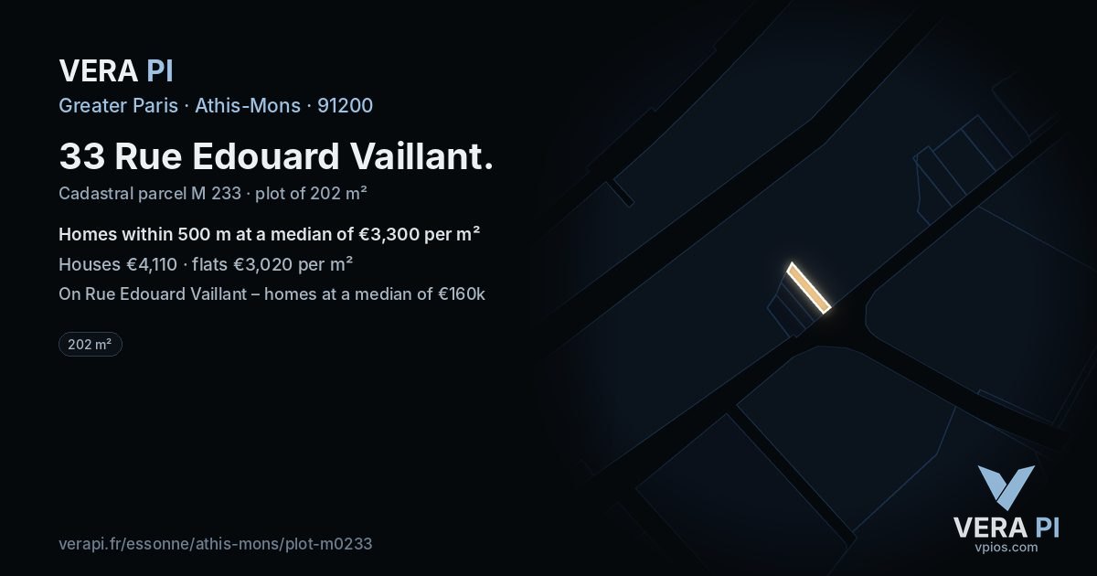 33 Rue Edouard Vaillant, Athis-Mons at night – the plot lit, the parcels around coloured by the prices near them