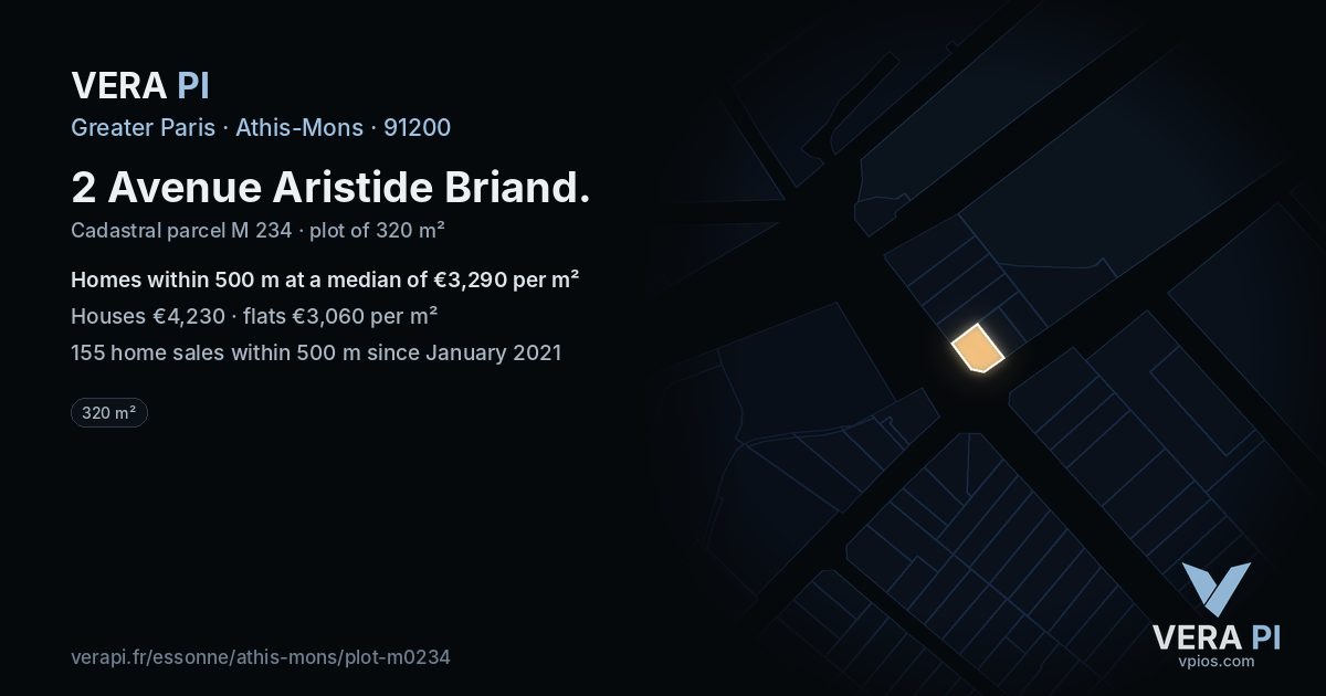 2 Avenue Aristide Briand, Athis-Mons at night – the plot lit, the parcels around coloured by the prices near them