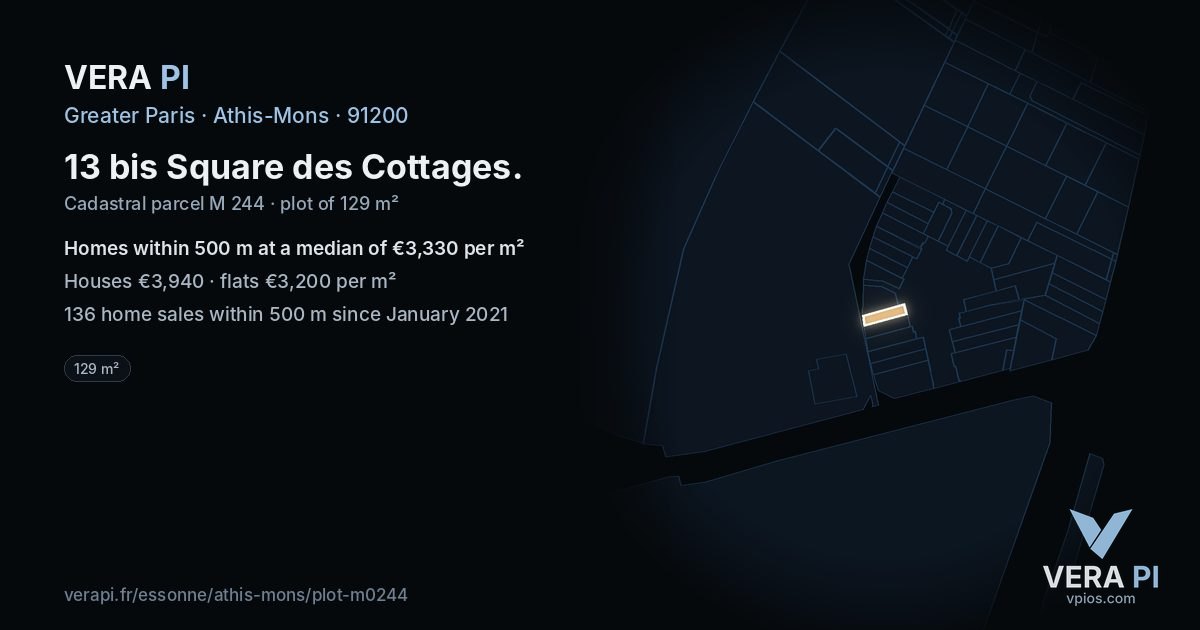 13 bis Square des Cottages, Athis-Mons at night – the plot lit, the parcels around coloured by the prices near them