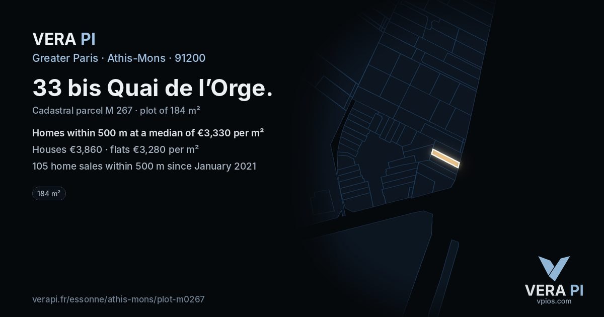 33 bis Quai de l’Orge, Athis-Mons at night – the plot lit, the parcels around coloured by the prices near them