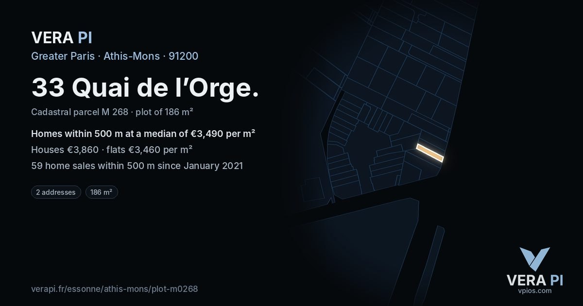 33 Quai de l’Orge, Athis-Mons at night – the plot lit, the parcels around coloured by the prices near them