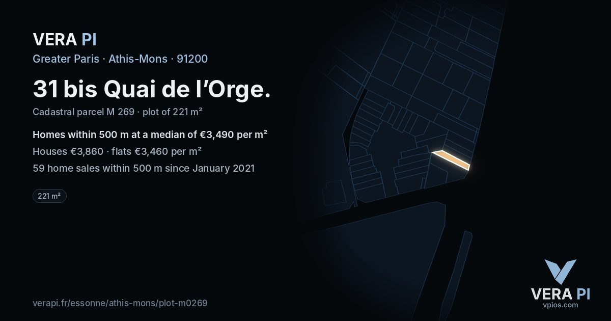 31 bis Quai de l’Orge, Athis-Mons at night – the plot lit, the parcels around coloured by the prices near them