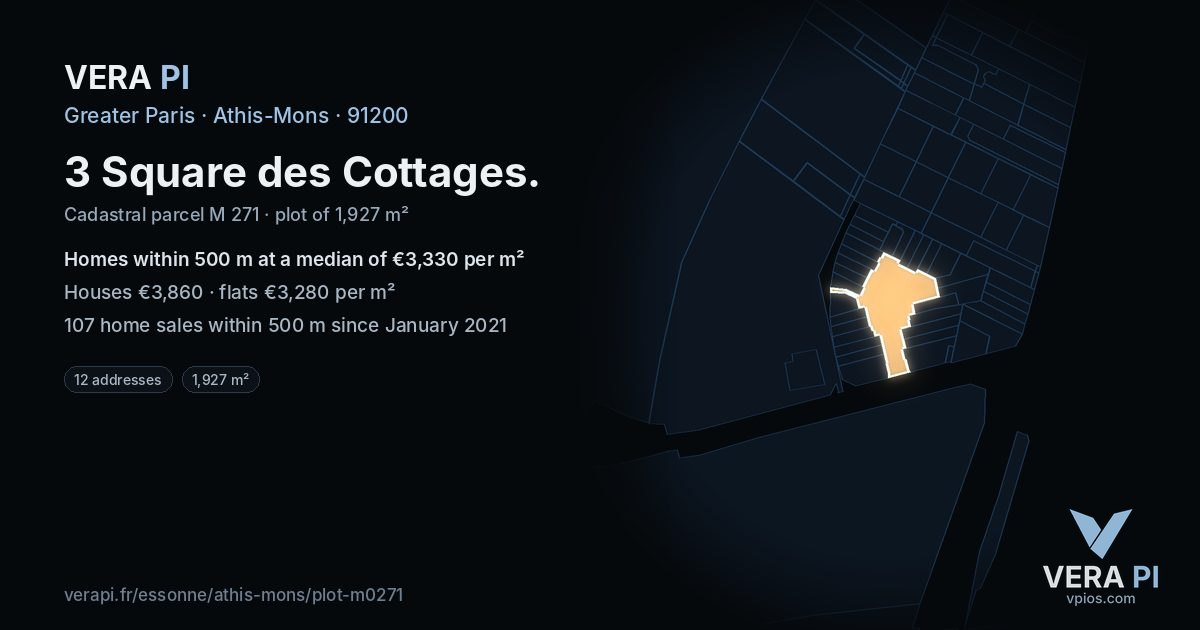 3 Square des Cottages, Athis-Mons at night – the plot lit, the parcels around coloured by the prices near them