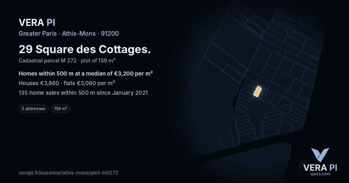 29 Square des Cottages, Athis-Mons at night – the plot lit, the parcels around coloured by the prices near them