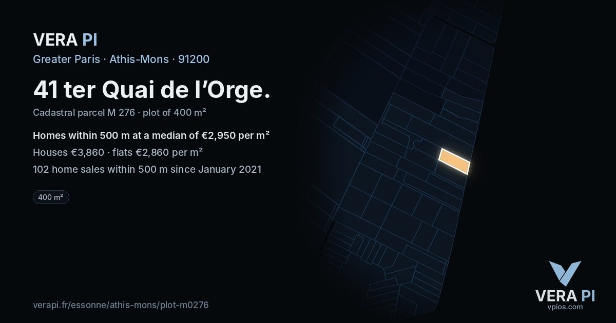 41 ter Quai de l’Orge, Athis-Mons at night – the plot lit, the parcels around coloured by the prices near them