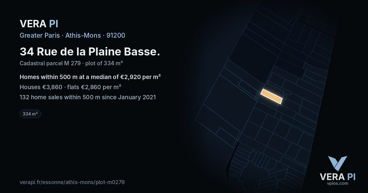 34 Rue de la Plaine Basse, Athis-Mons at night – the plot lit, the parcels around coloured by the prices near them