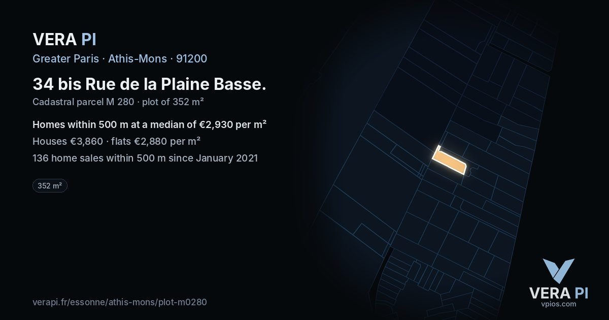 34 bis Rue de la Plaine Basse, Athis-Mons at night – the plot lit, the parcels around coloured by the prices near them