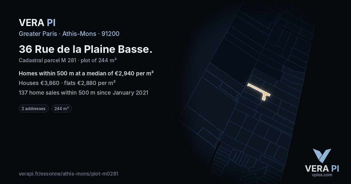 36 Rue de la Plaine Basse, Athis-Mons at night – the plot lit, the parcels around coloured by the prices near them