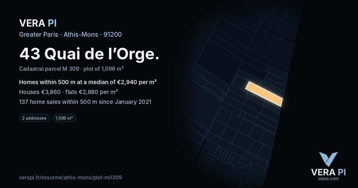 43 Quai de l’Orge, Athis-Mons at night – the plot lit, the parcels around coloured by the prices near them