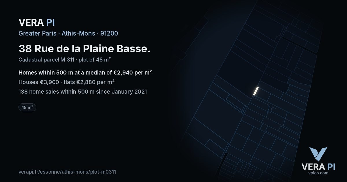 38 Rue de la Plaine Basse, Athis-Mons at night – the plot lit, the parcels around coloured by the prices near them