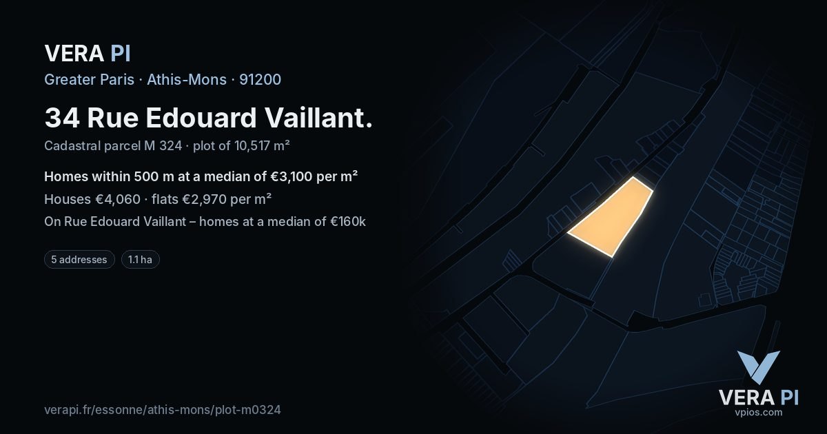 34 Rue Edouard Vaillant, Athis-Mons at night – the plot lit, the parcels around coloured by the prices near them