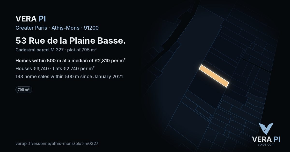 53 Rue de la Plaine Basse, Athis-Mons at night – the plot lit, the parcels around coloured by the prices near them