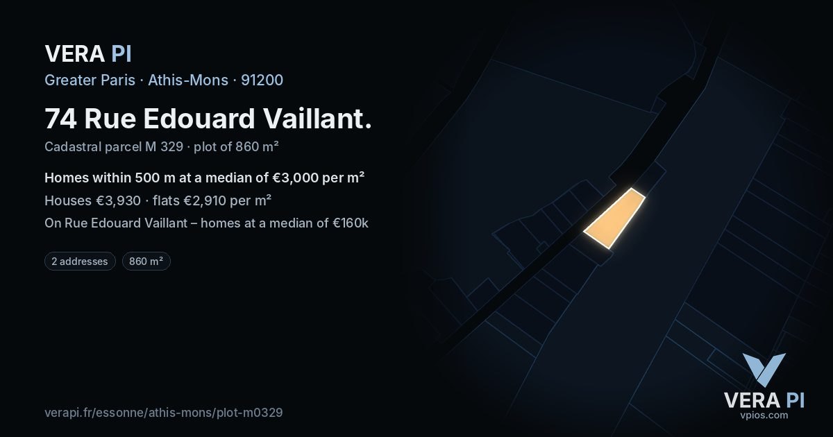 74 Rue Edouard Vaillant, Athis-Mons at night – the plot lit, the parcels around coloured by the prices near them