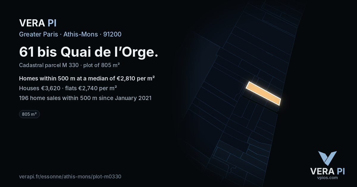 61 bis Quai de l’Orge, Athis-Mons at night – the plot lit, the parcels around coloured by the prices near them