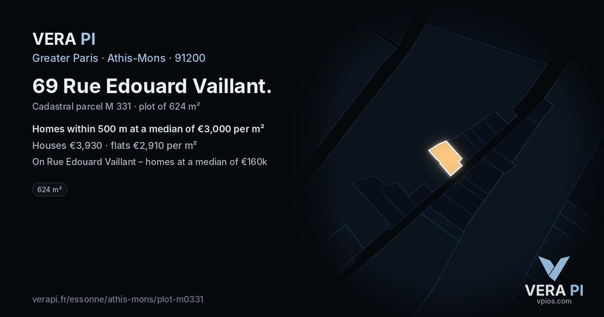 69 Rue Edouard Vaillant, Athis-Mons at night – the plot lit, the parcels around coloured by the prices near them