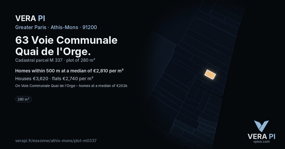 63 Voie Communale Quai de l'Orge, Athis-Mons at night – the plot lit, the parcels around coloured by the prices near them