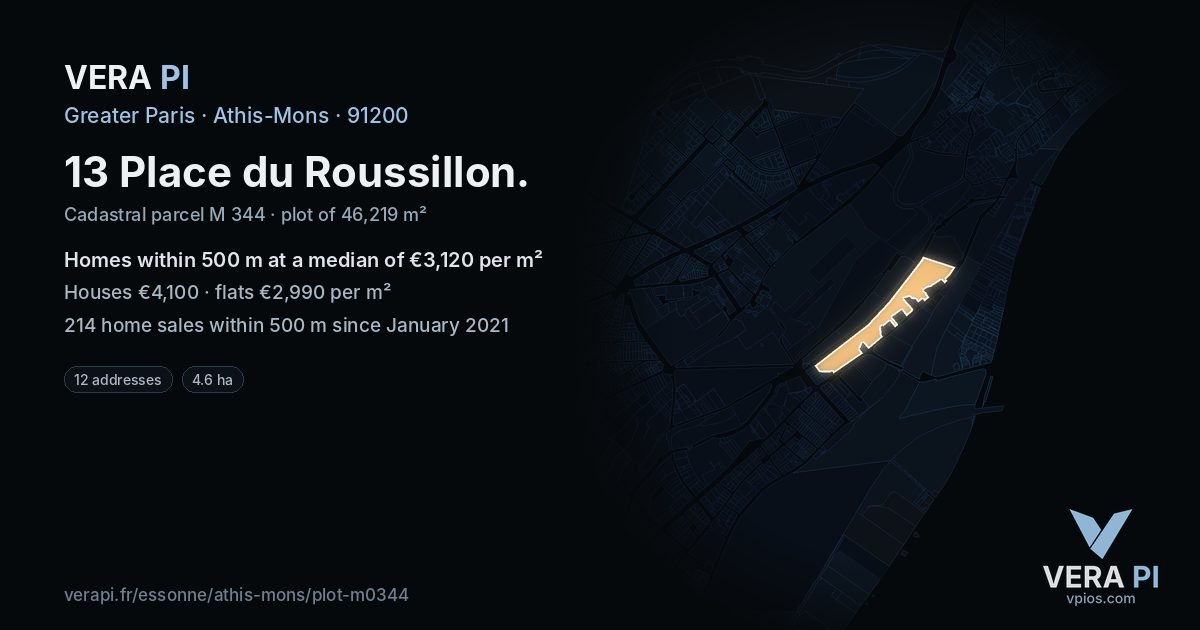 13 Place du Roussillon, Athis-Mons at night – the plot lit, the parcels around coloured by the prices near them