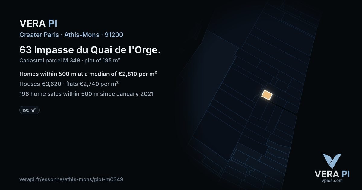63 Impasse du Quai de l'Orge, Athis-Mons at night – the plot lit, the parcels around coloured by the prices near them