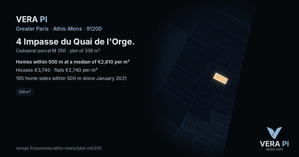 4 Impasse du Quai de l'Orge, Athis-Mons at night – the plot lit, the parcels around coloured by the prices near them