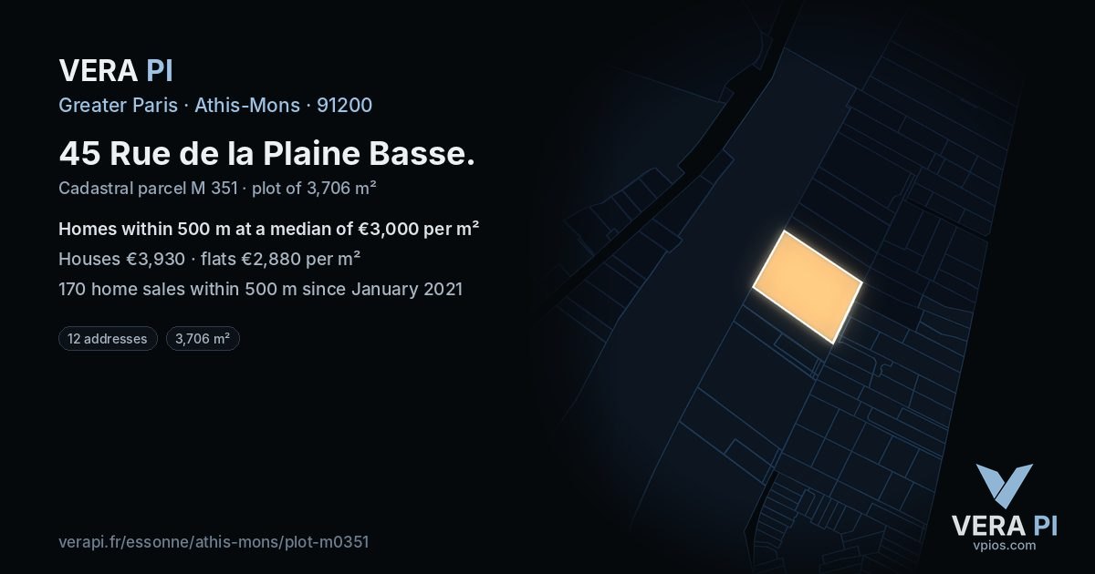 45 Rue de la Plaine Basse, Athis-Mons at night – the plot lit, the parcels around coloured by the prices near them
