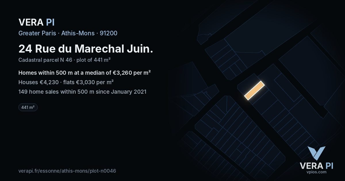 24 Rue du Marechal Juin, Athis-Mons at night – the plot lit, the parcels around coloured by the prices near them