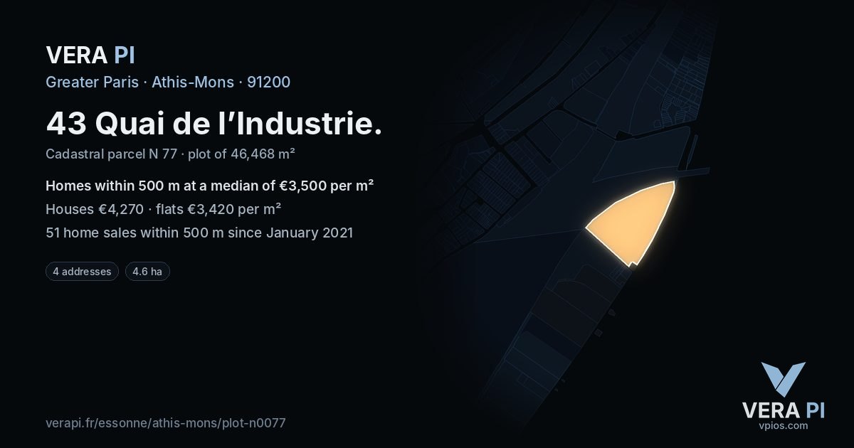 43 Quai de l’Industrie, Athis-Mons at night – the plot lit, the parcels around coloured by the prices near them