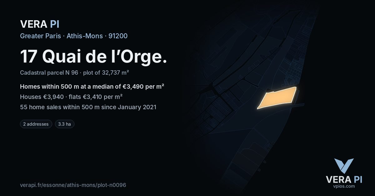 17 Quai de l’Orge, Athis-Mons at night – the plot lit, the parcels around coloured by the prices near them