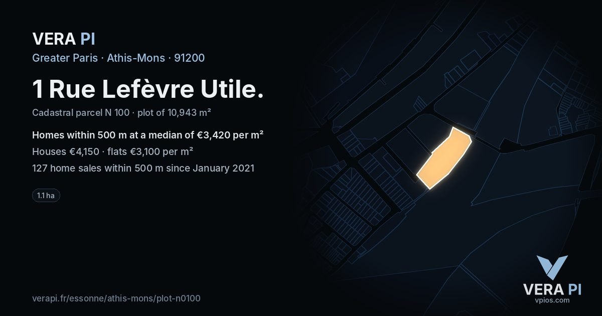 1 Rue Lefèvre Utile, Athis-Mons at night – the plot lit, the parcels around coloured by the prices near them