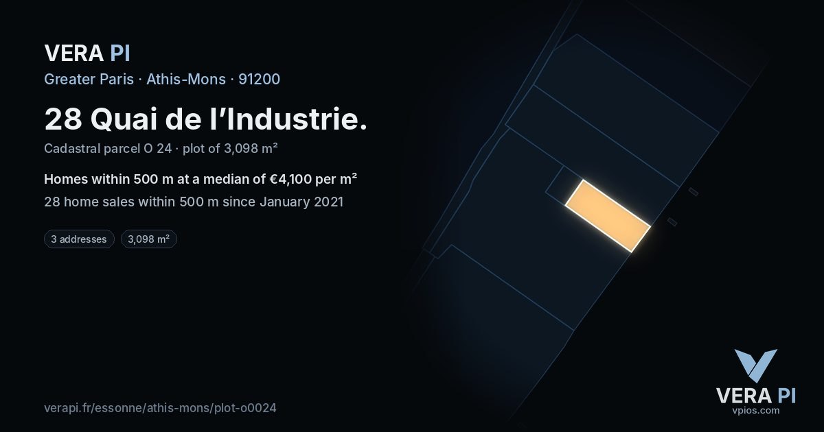 28 Quai de l’Industrie, Athis-Mons at night – the plot lit, the parcels around coloured by the prices near them