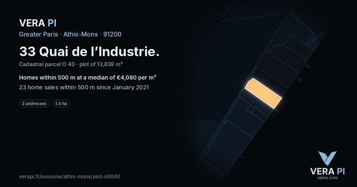 33 Quai de l’Industrie, Athis-Mons at night – the plot lit, the parcels around coloured by the prices near them