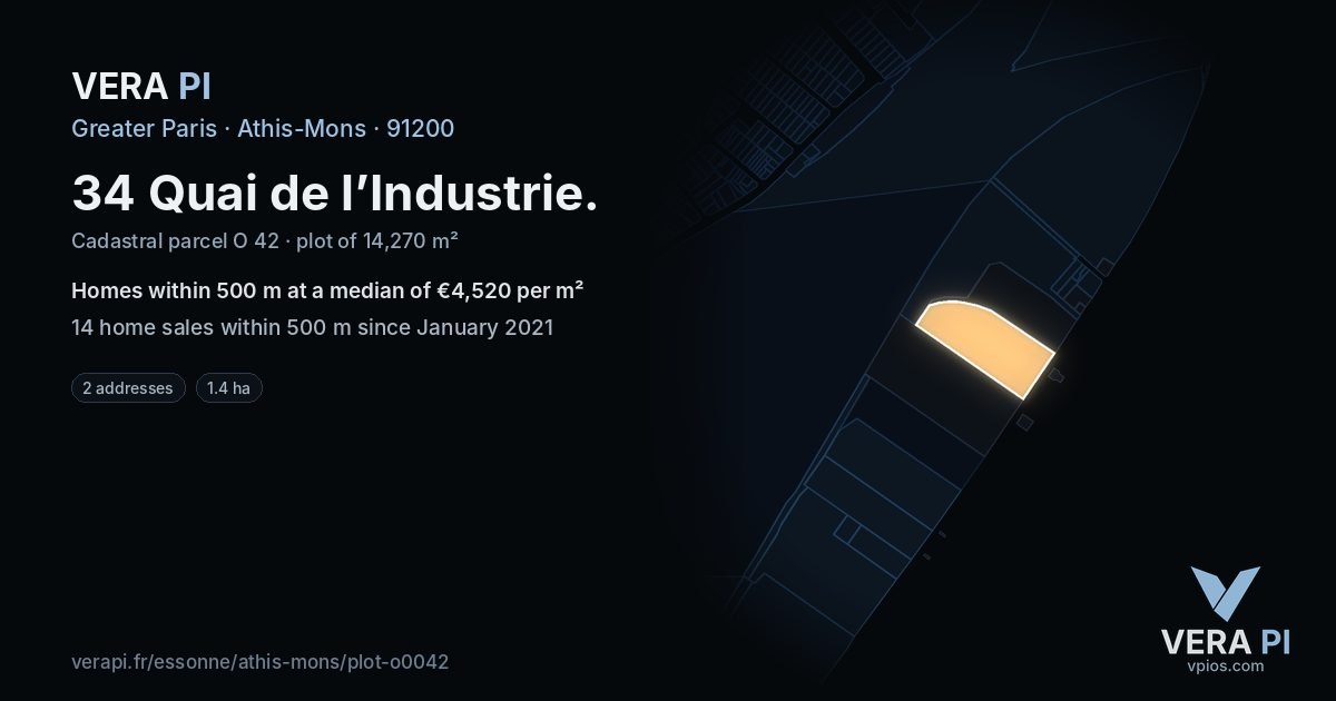34 Quai de l’Industrie, Athis-Mons at night – the plot lit, the parcels around coloured by the prices near them
