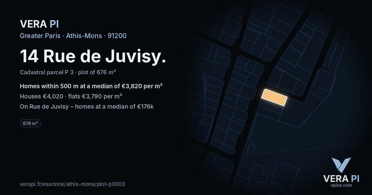 14 Rue de Juvisy, Athis-Mons at night – the plot lit, the parcels around coloured by the prices near them