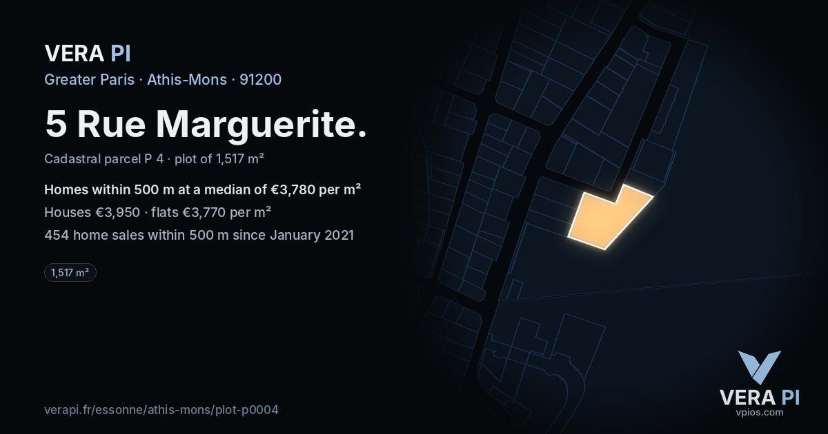 5 Rue Marguerite, Athis-Mons at night – the plot lit, the parcels around coloured by the prices near them