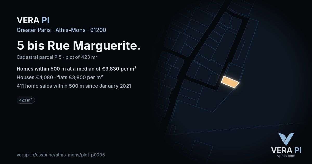 5 bis Rue Marguerite, Athis-Mons at night – the plot lit, the parcels around coloured by the prices near them