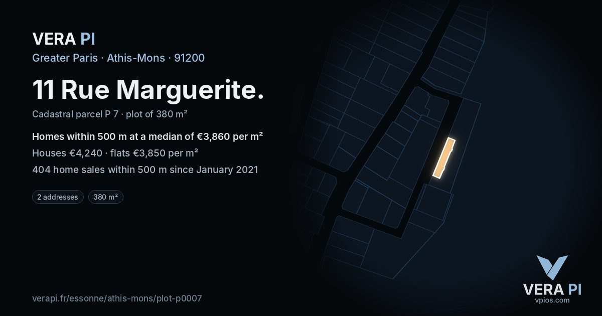 11 Rue Marguerite, Athis-Mons at night – the plot lit, the parcels around coloured by the prices near them