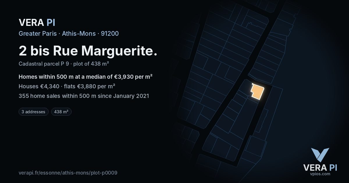 2 bis Rue Marguerite, Athis-Mons at night – the plot lit, the parcels around coloured by the prices near them