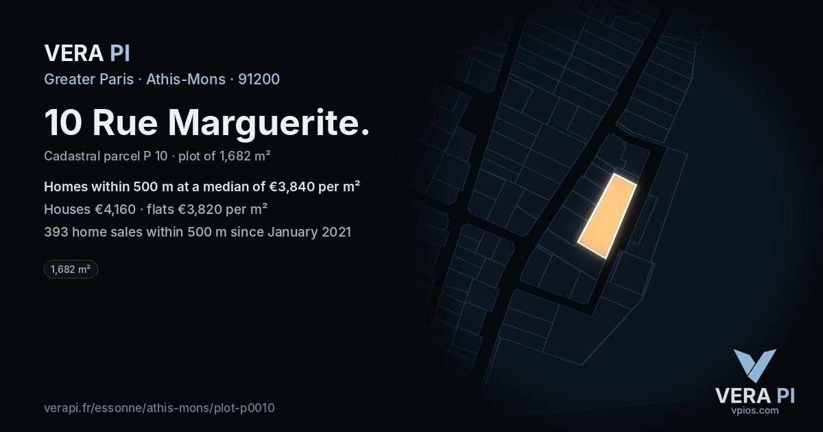 10 Rue Marguerite, Athis-Mons at night – the plot lit, the parcels around coloured by the prices near them