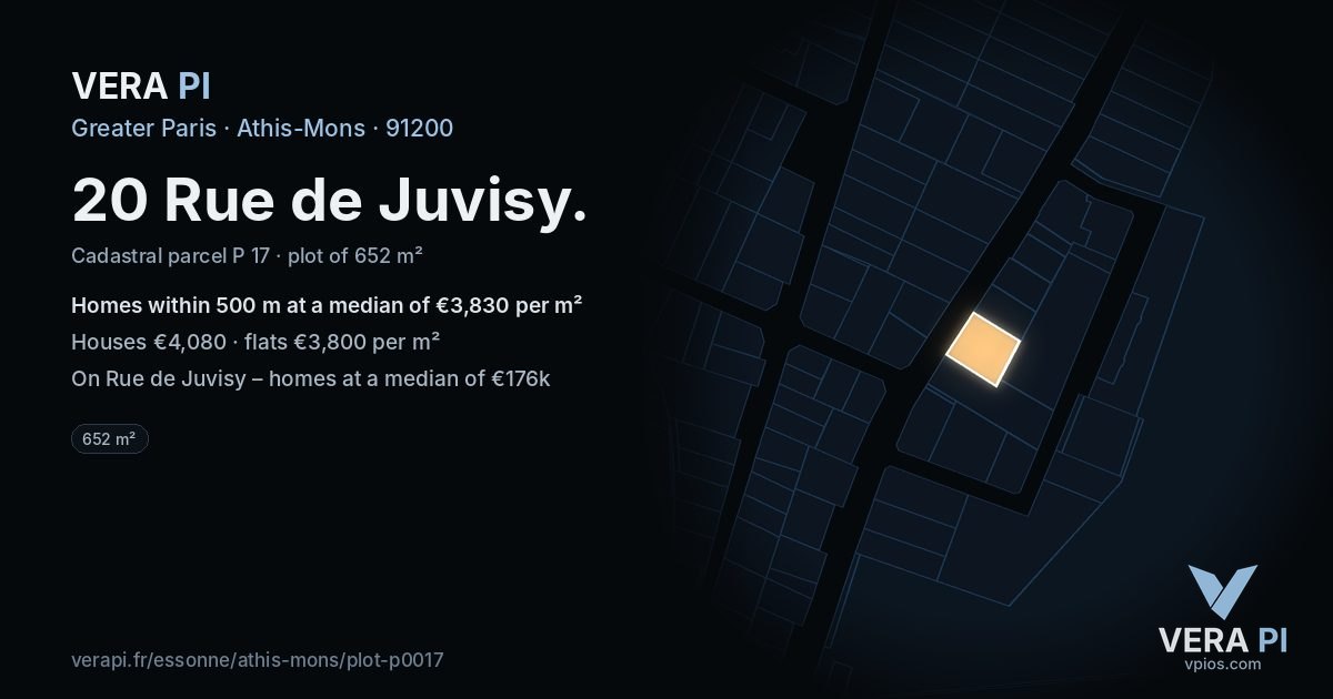 20 Rue de Juvisy, Athis-Mons at night – the plot lit, the parcels around coloured by the prices near them