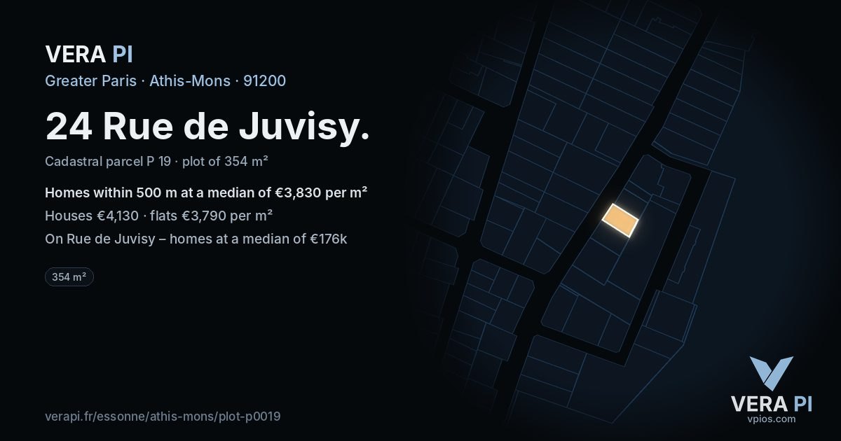 24 Rue de Juvisy, Athis-Mons at night – the plot lit, the parcels around coloured by the prices near them