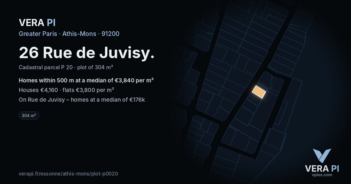 26 Rue de Juvisy, Athis-Mons at night – the plot lit, the parcels around coloured by the prices near them
