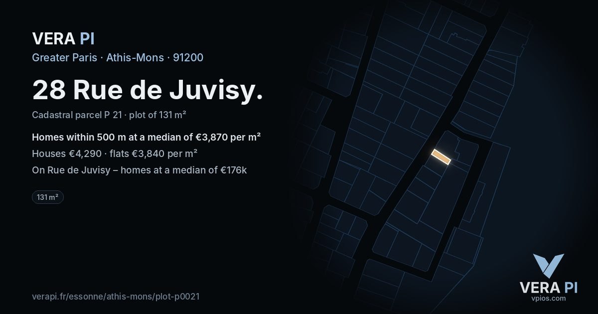 28 Rue de Juvisy, Athis-Mons at night – the plot lit, the parcels around coloured by the prices near them